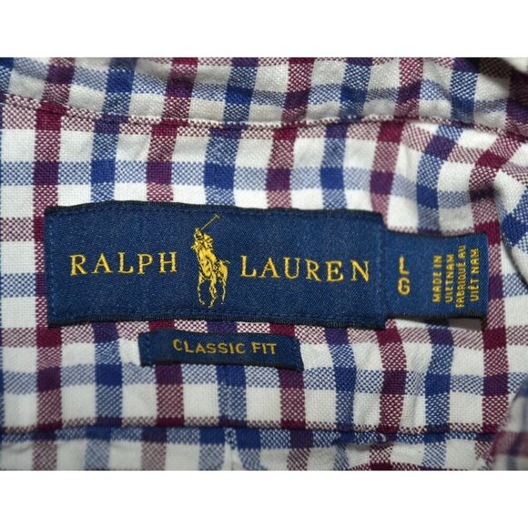 Ralph Lauren Men's Red & Blue Plaid Check Button Front Dress Shirt Size L Cotton - Picture 7 of 9